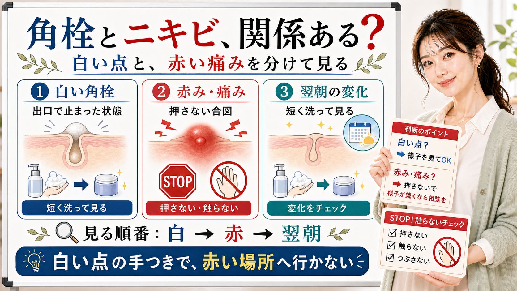 角栓とニキビの関係を白い角栓・赤みや痛み・翌朝の変化で整理する図解