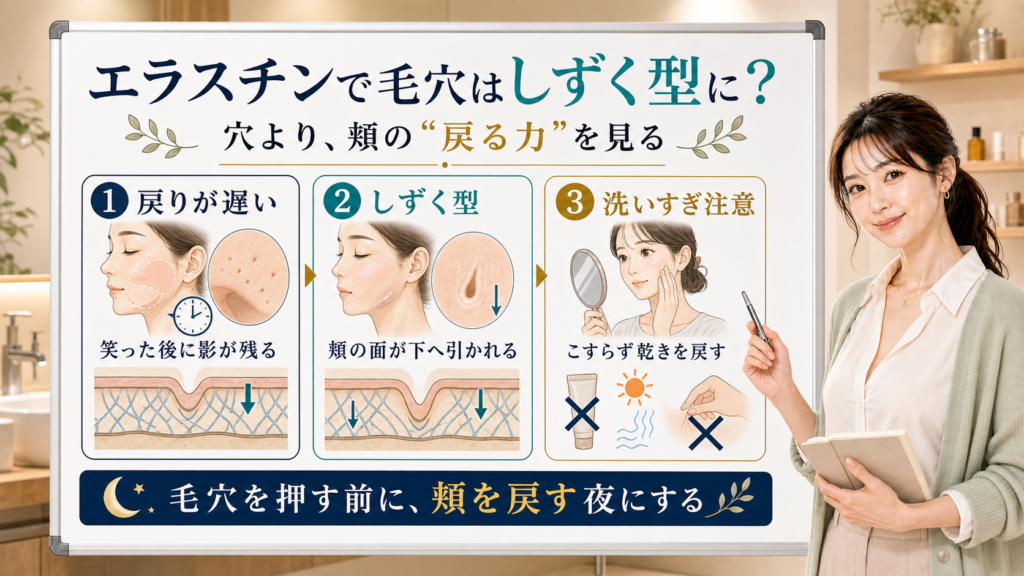 エラスチン低下で毛穴がしずく型に見える理由を戻りの遅さ・しずく型・洗いすぎ注意で整理する図解