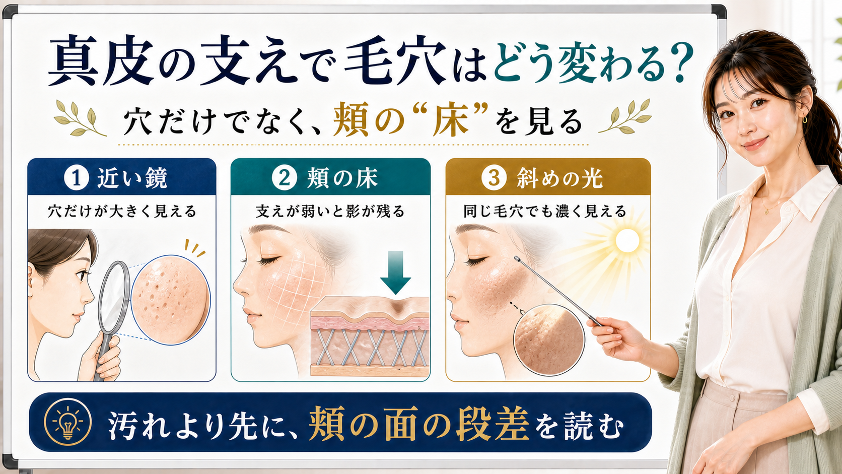 真皮の支えが崩れた時の毛穴の見え方を近い鏡・頬の床・斜めの光で整理する図解