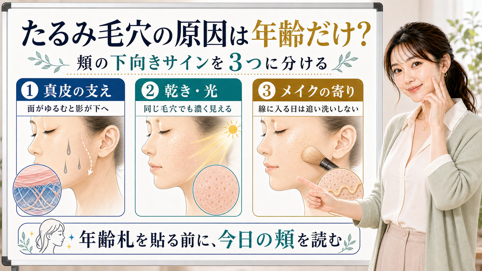 たるみ毛穴の原因を真皮の支え・乾きや光・メイクの寄りで整理する図解
