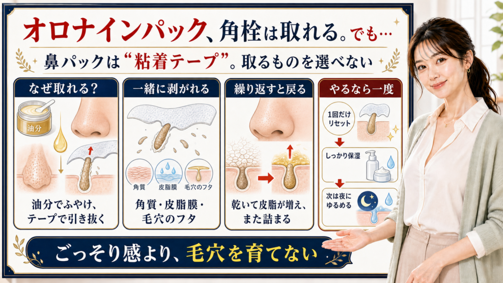オロナインパックは角栓を取れるが鼻パックは粘着テープのように角質や皮脂膜も剥がすため毛穴を育てない使い方が必要だと整理したアイキャッチ
