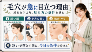 毛穴が急に目立つ理由を近い鏡・夕方のメイク寄り・乾きやハリで整理する図解
