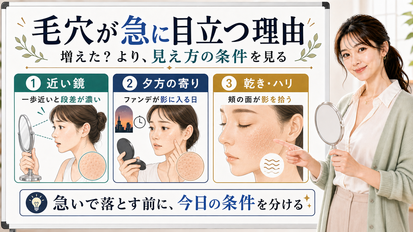 毛穴が急に目立つ理由を近い鏡・夕方のメイク寄り・乾きやハリで整理する図解