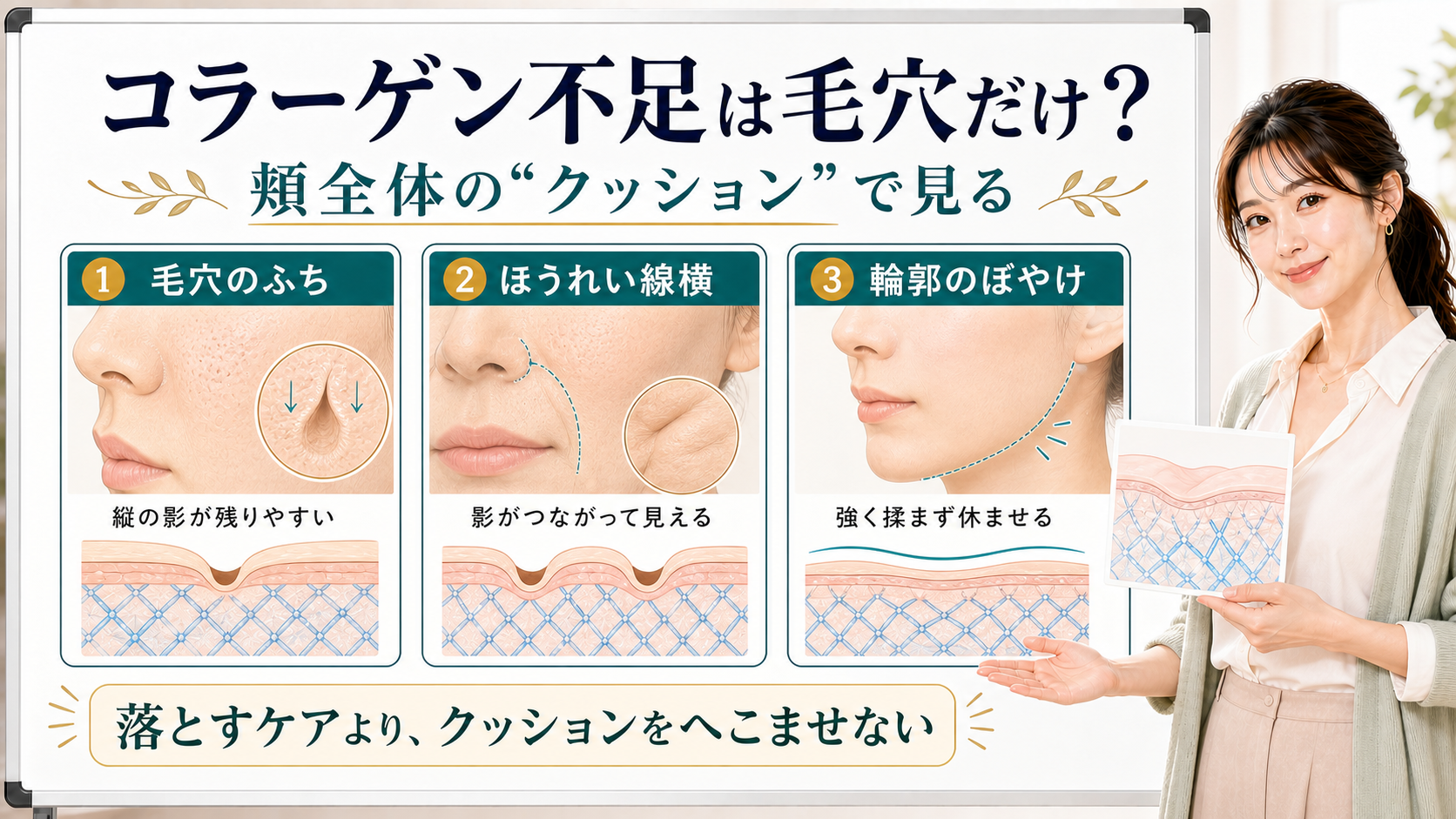 コラーゲン不足の影響を毛穴のふち・ほうれい線横・輪郭のぼやけで整理する図解