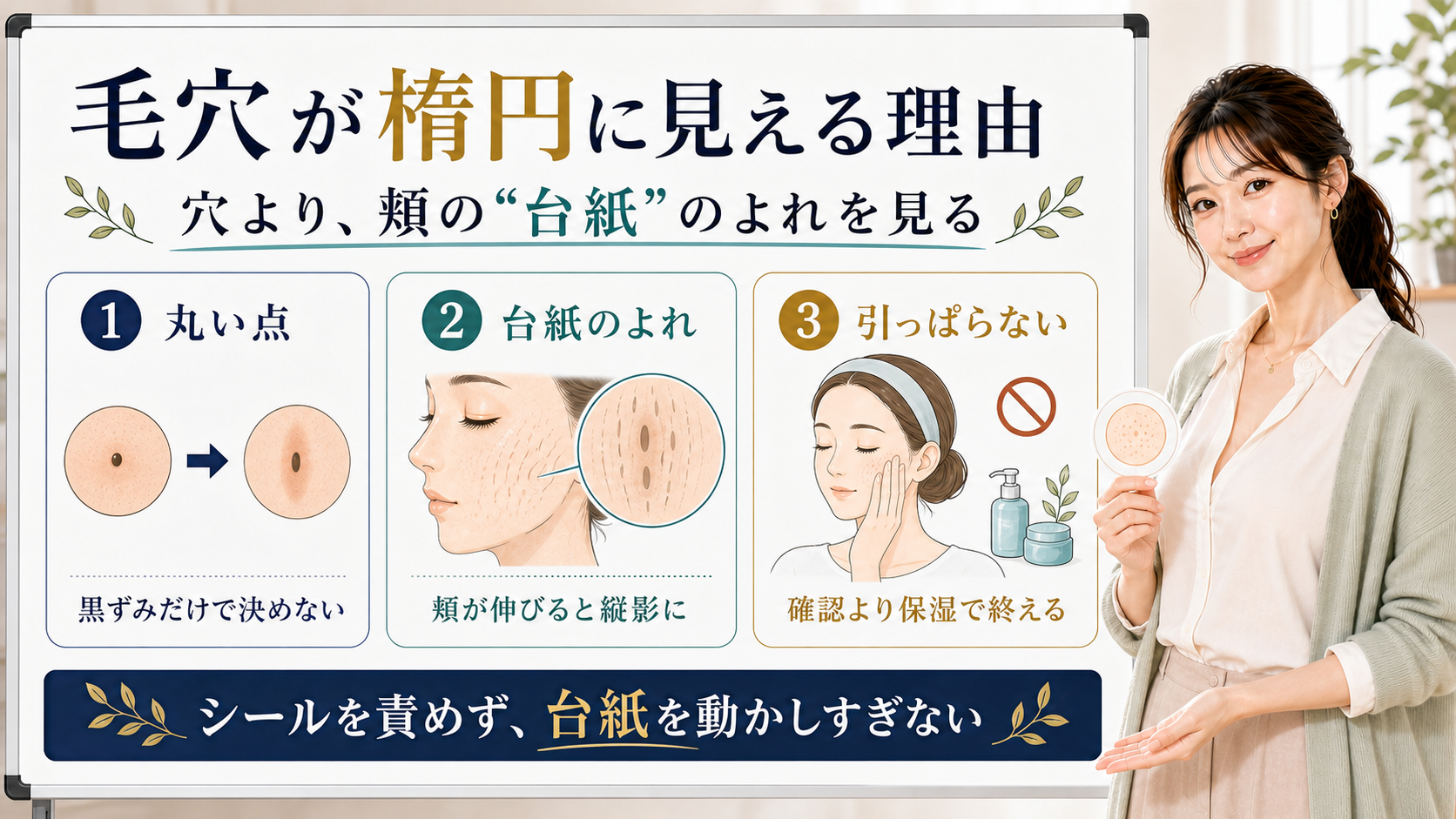 毛穴が楕円に見える理由を丸い点・台紙のよれ・引っぱらないケアで整理する図解