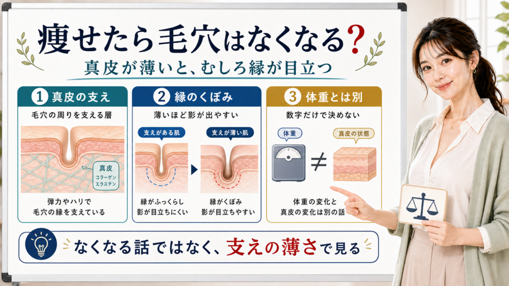 痩せたら毛穴はなくなるのかを真皮の支え・縁のくぼみ・体重とは別で整理する図解