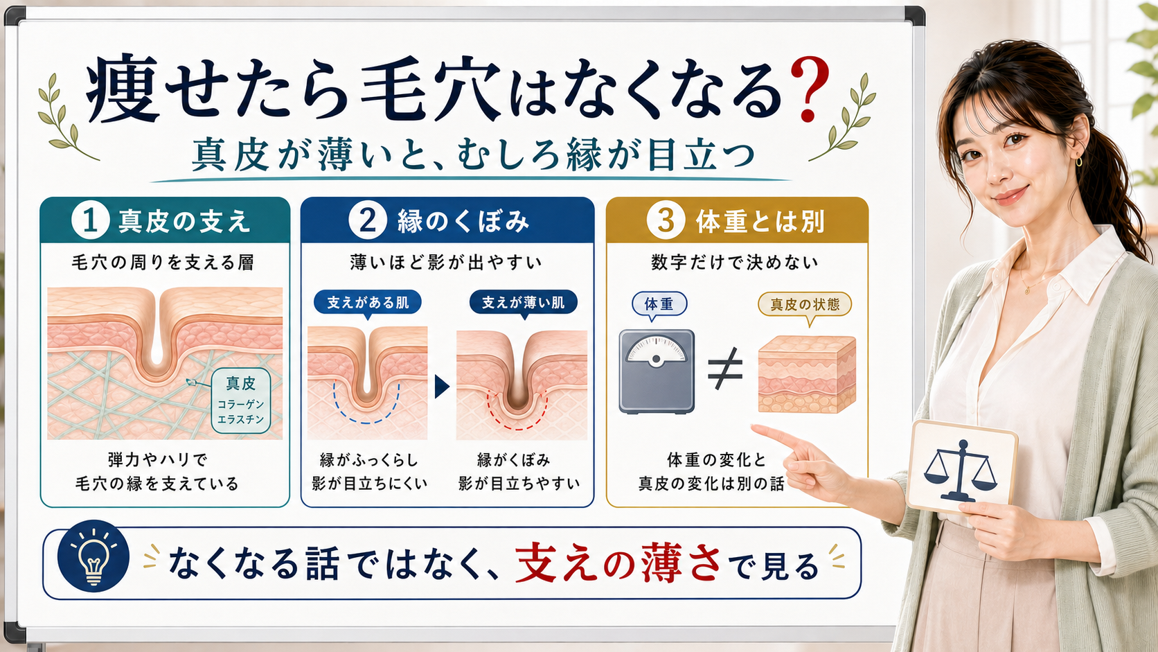 痩せたら毛穴はなくなるのかを真皮の支え・縁のくぼみ・体重とは別で整理する図解