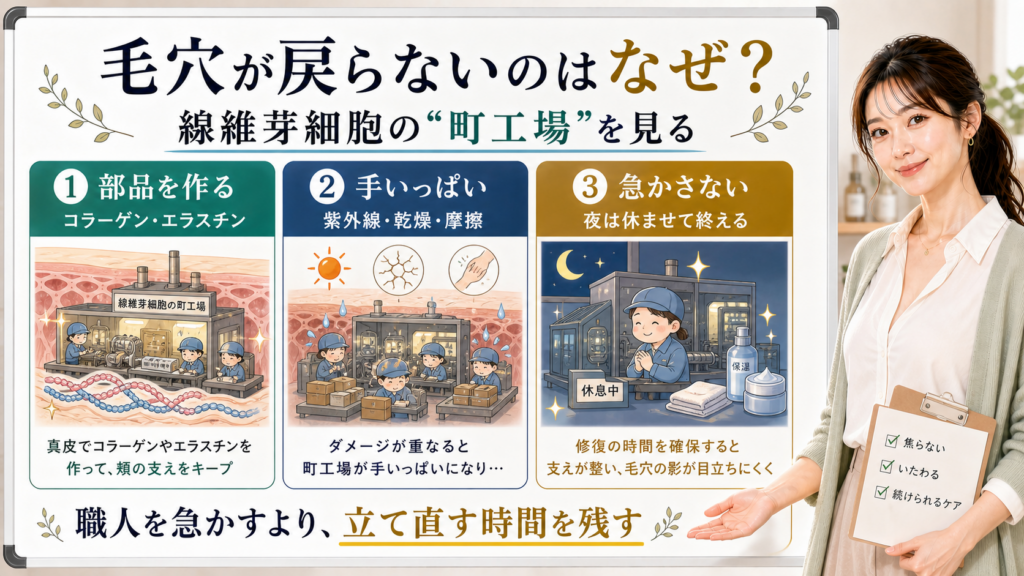 毛穴が戻らない理由を線維芽細胞の部品作り・手いっぱい・急かさないケアで整理する図解