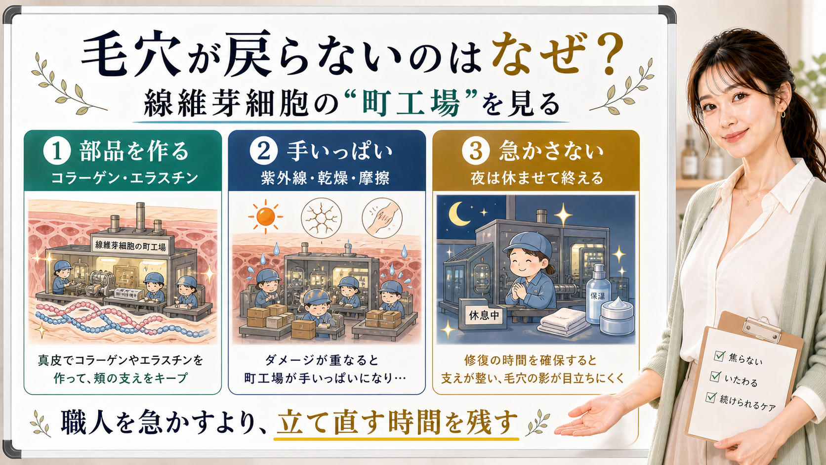毛穴が戻らない理由を線維芽細胞の部品作り・手いっぱい・急かさないケアで整理する図解
