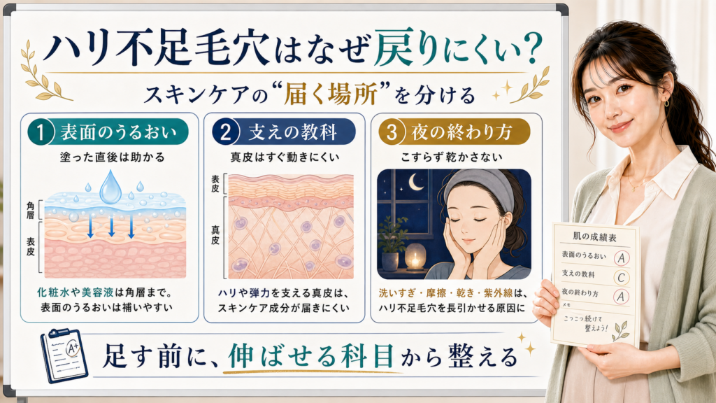ハリ不足毛穴が戻りにくい理由を表面のうるおい・支えの教科・夜の終わり方で整理する図解