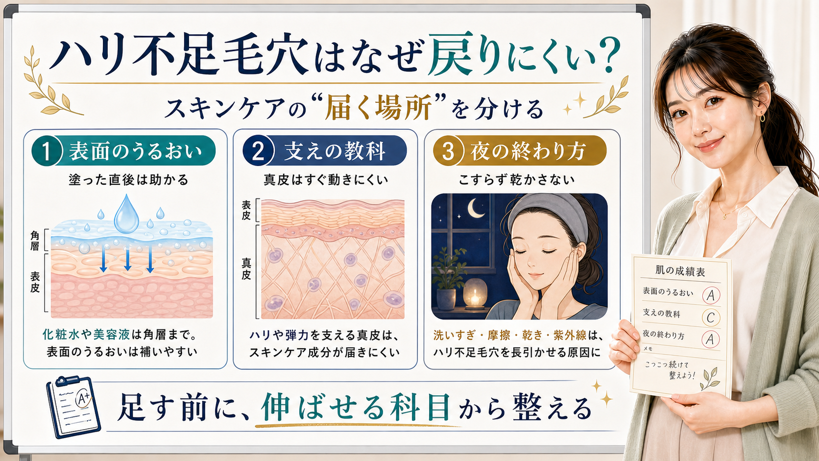 ハリ不足毛穴が戻りにくい理由を表面のうるおい・支えの教科・夜の終わり方で整理する図解