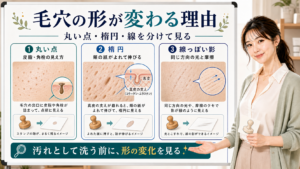 毛穴の形が変わる理由を丸い点・楕円・線っぽい影で整理する図解