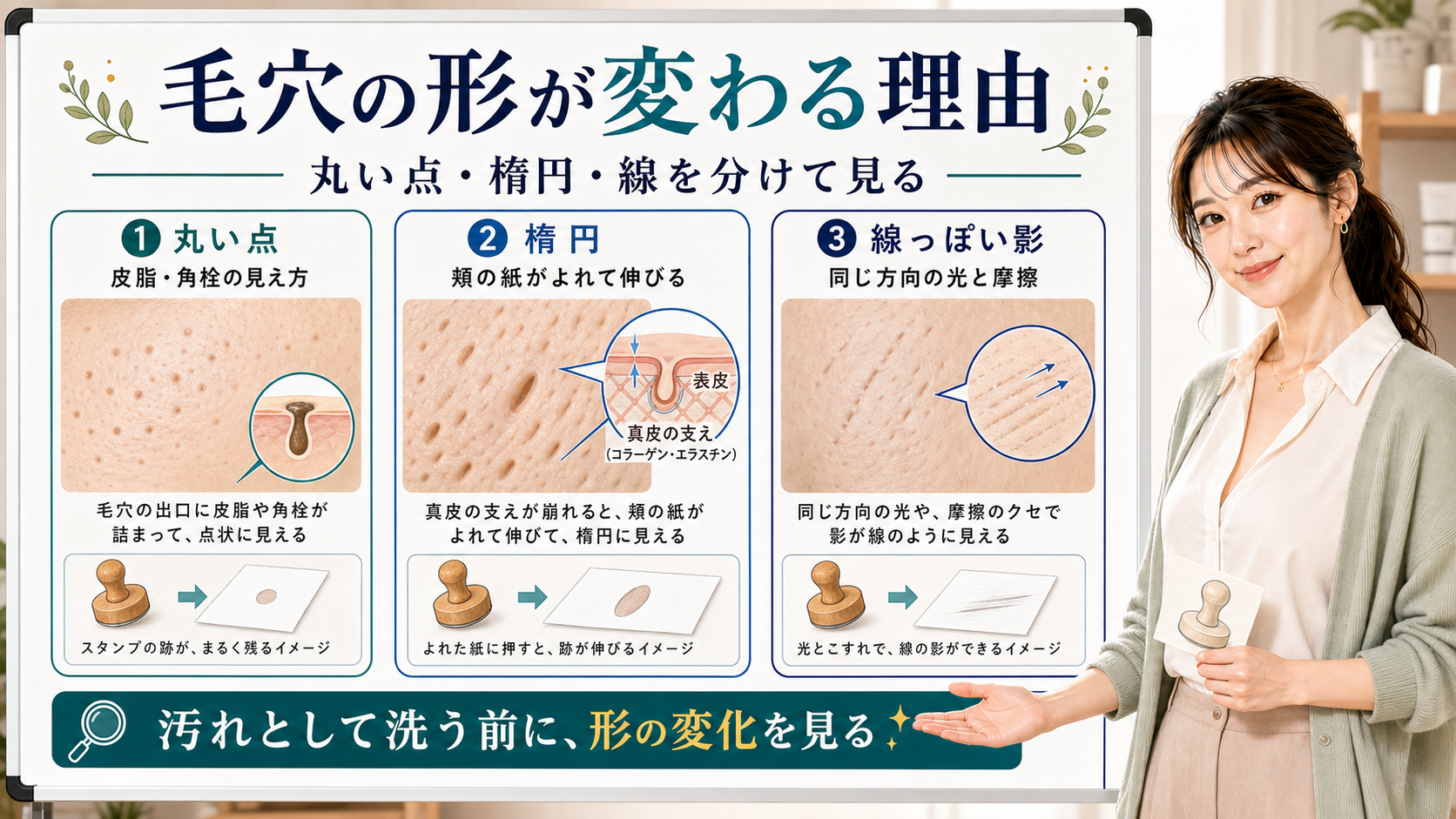 毛穴の形が変わる理由を丸い点・楕円・線っぽい影で整理する図解