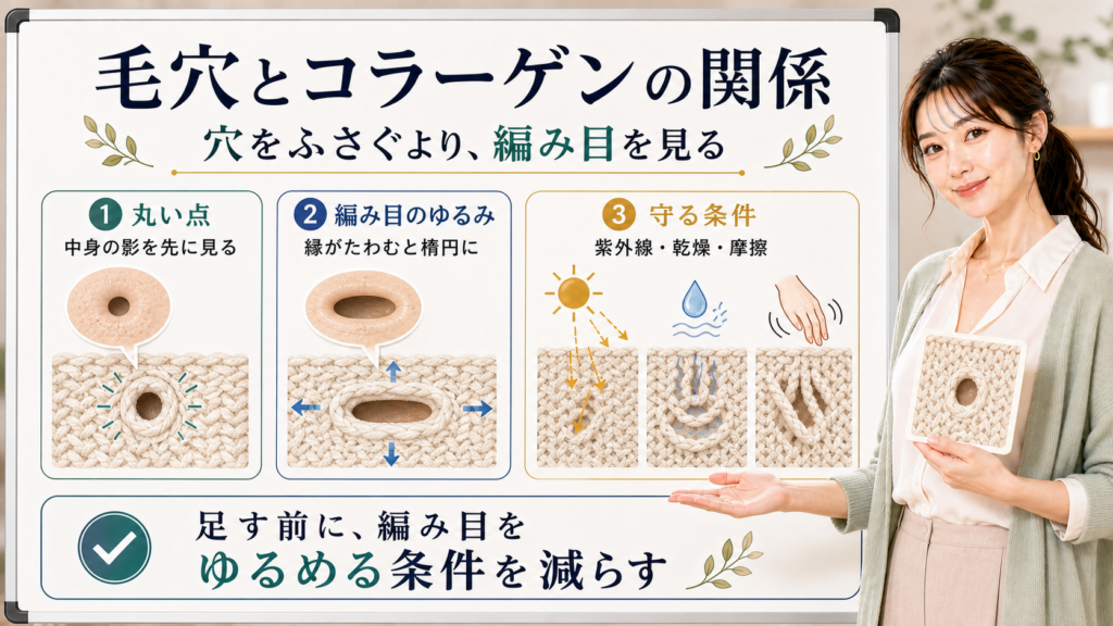 毛穴とコラーゲンの関係を丸い点・編み目のゆるみ・守る条件で整理する図解
