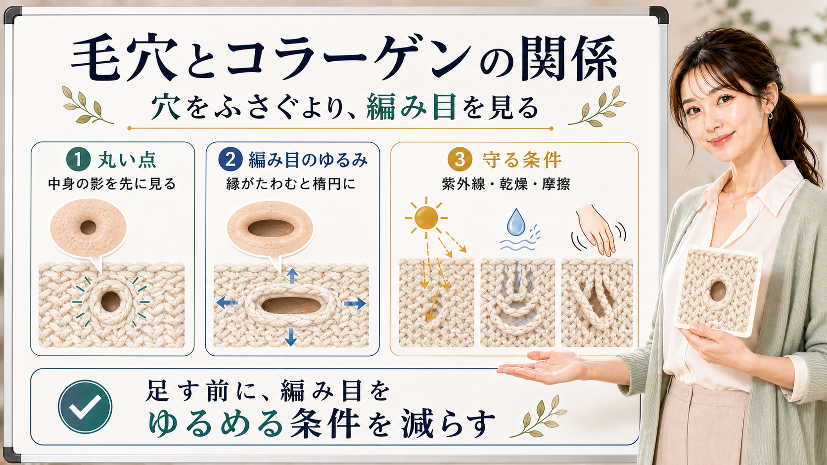 毛穴とコラーゲンの関係を丸い点・編み目のゆるみ・守る条件で整理する図解
