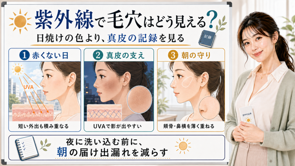 紫外線で毛穴がどう見えるかを赤くない日・真皮の支え・朝の守りで整理する図解