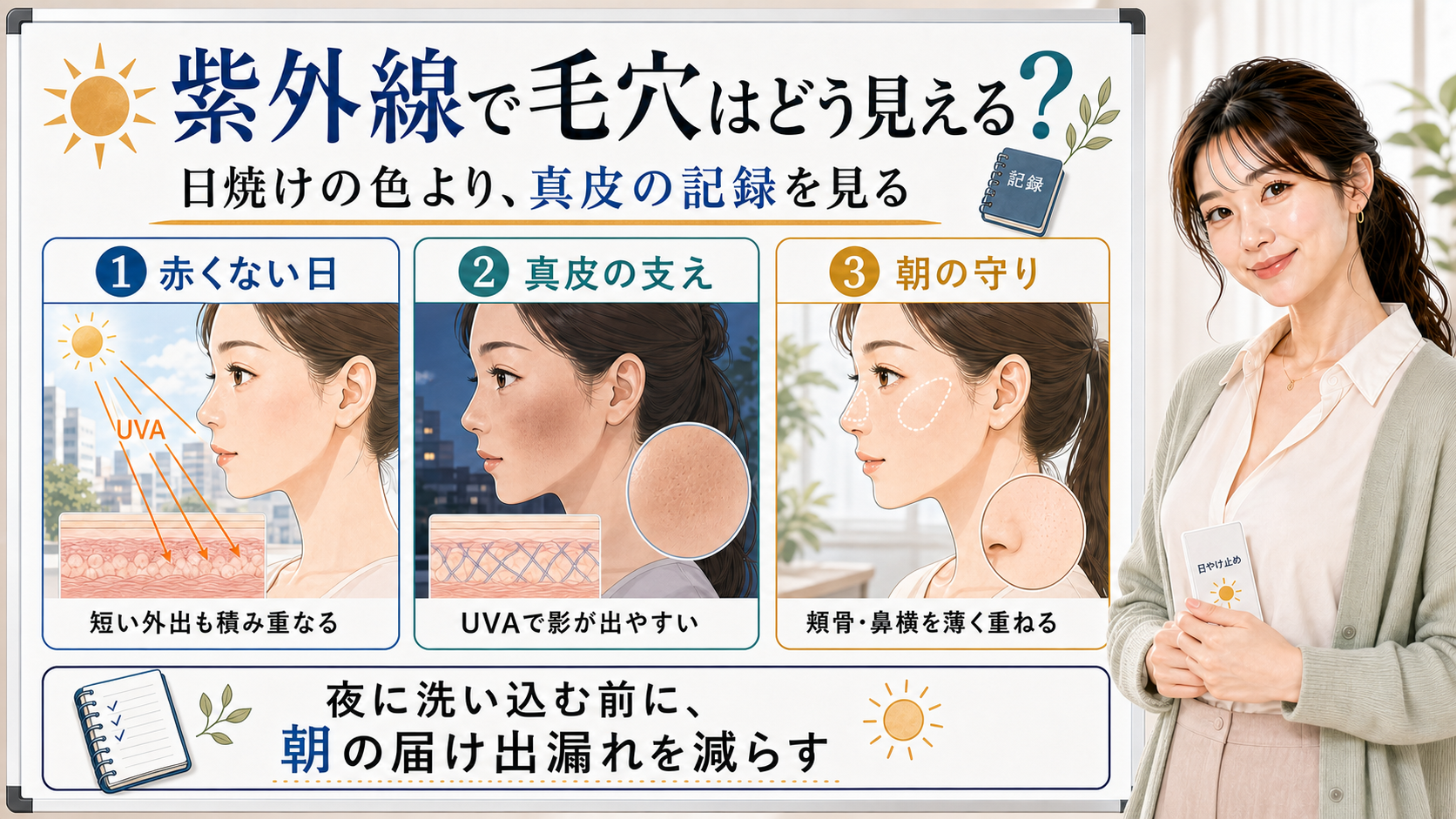 紫外線で毛穴がどう見えるかを赤くない日・真皮の支え・朝の守りで整理する図解