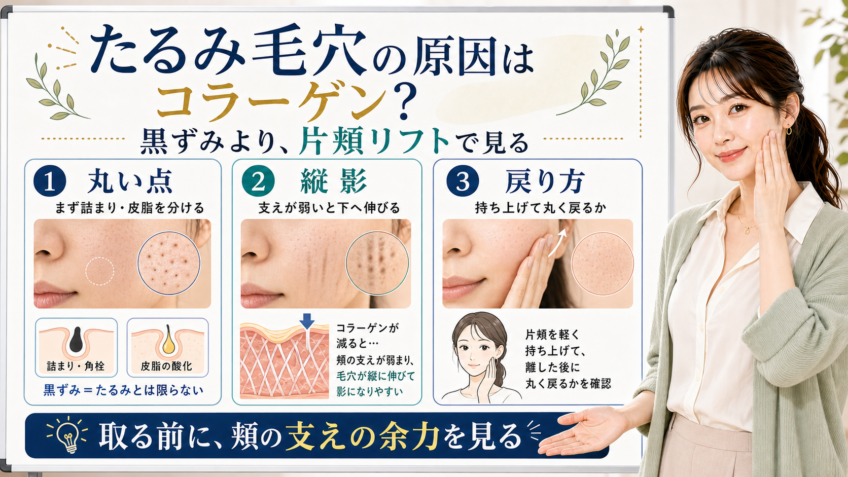 たるみ毛穴の原因を丸い点・縦影・片頬リフトでの戻り方で整理する図解