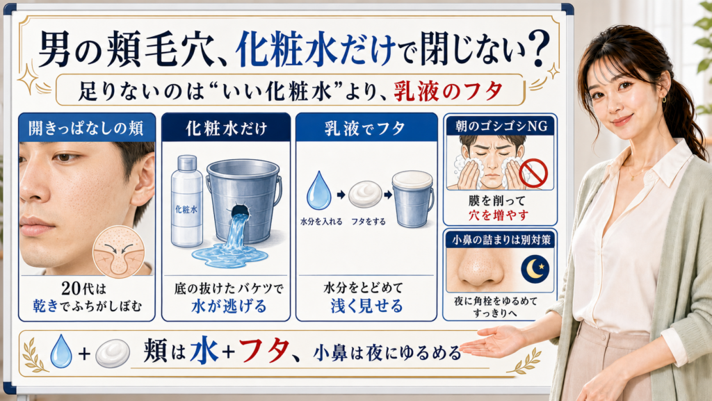 男の頬毛穴が化粧水だけで閉じない理由は水分が逃げるためで乳液のフタが必要だと整理したアイキャッチ