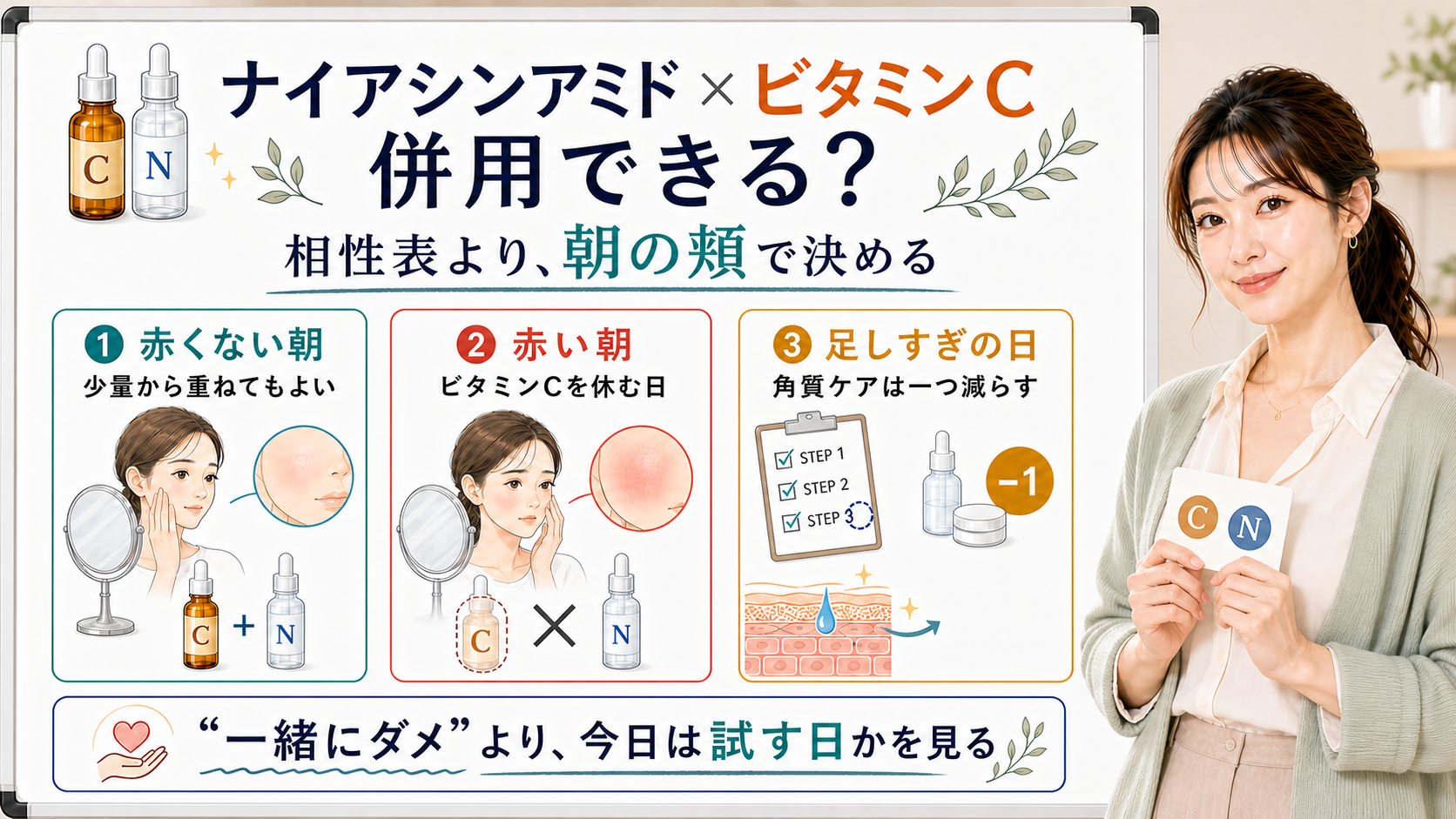 ナイアシンアミドとビタミンCの併用判断を赤くない朝・赤い朝・足しすぎの日で整理する図解