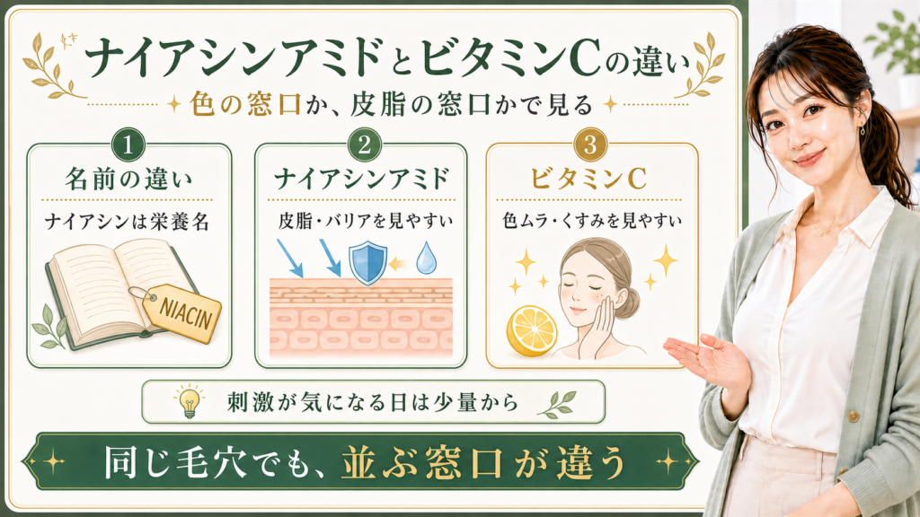 ナイアシンアミドとビタミンCの違いを色と皮脂の窓口で整理する最新美容ボード