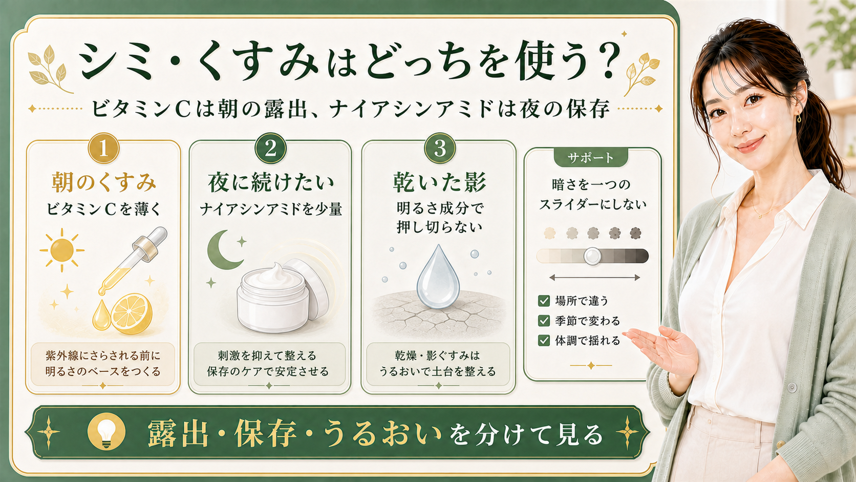 ナイアシンアミドとビタミンCをシミくすみで使い分ける最新美容ボード
