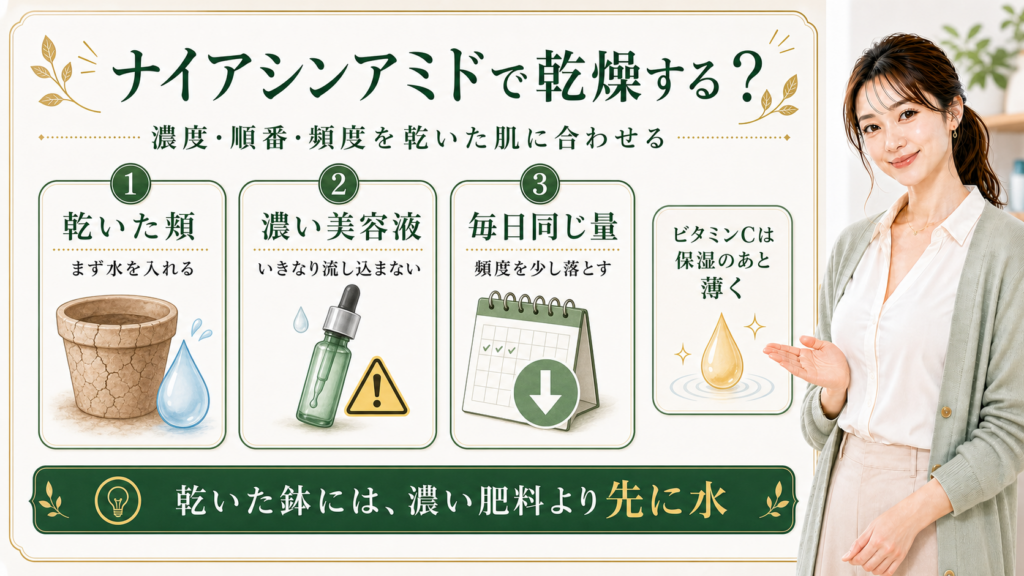 ナイアシンアミドやビタミンCで乾燥する時の濃度順番頻度を整理する最新美容ボード