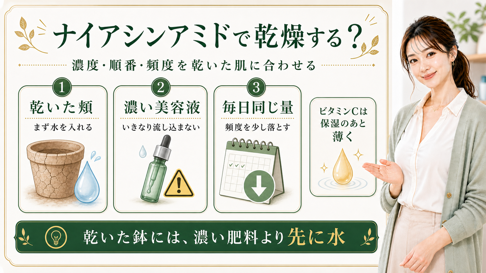 ナイアシンアミドやビタミンCで乾燥する時の濃度順番頻度を整理する最新美容ボード