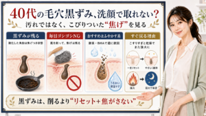 40代の毛穴黒ずみは洗顔で取れない焦げつき状態なので削らずふやかしてリセットし焦がさない維持へ移ることを整理したアイキャッチ