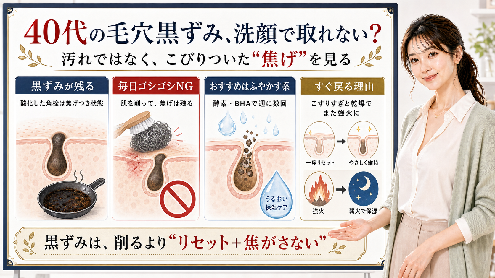 40代の毛穴黒ずみは洗顔で取れない焦げつき状態なので削らずふやかしてリセットし焦がさない維持へ移ることを整理したアイキャッチ