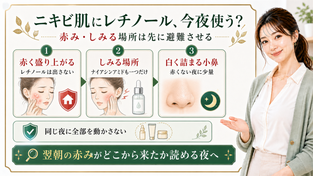 ニキビ肌にレチノールを使う時の赤みしみる場所小鼻詰まりを整理する最新美容ボード