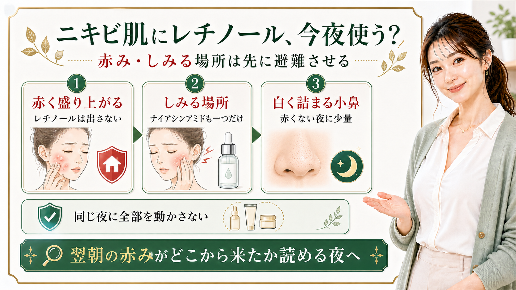 ニキビ肌にレチノールを使う時の赤みしみる場所小鼻詰まりを整理する最新美容ボード
