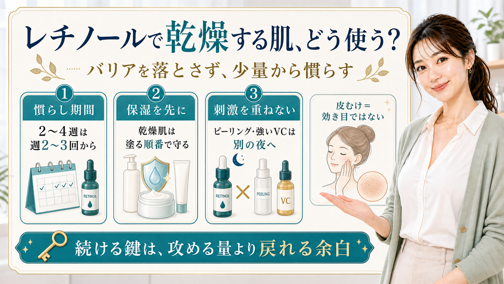レチノールで乾燥する肌の使い方を慣らし期間・保湿・刺激回避で整理した解説ボード