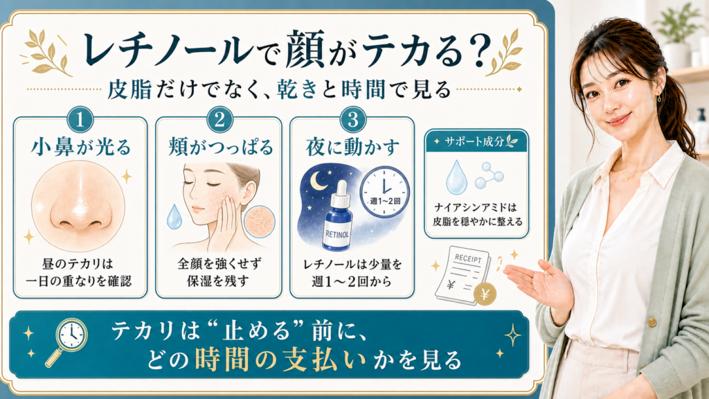 レチノールで顔がテカるときに皮脂・乾き・時間で見分ける解説ボード