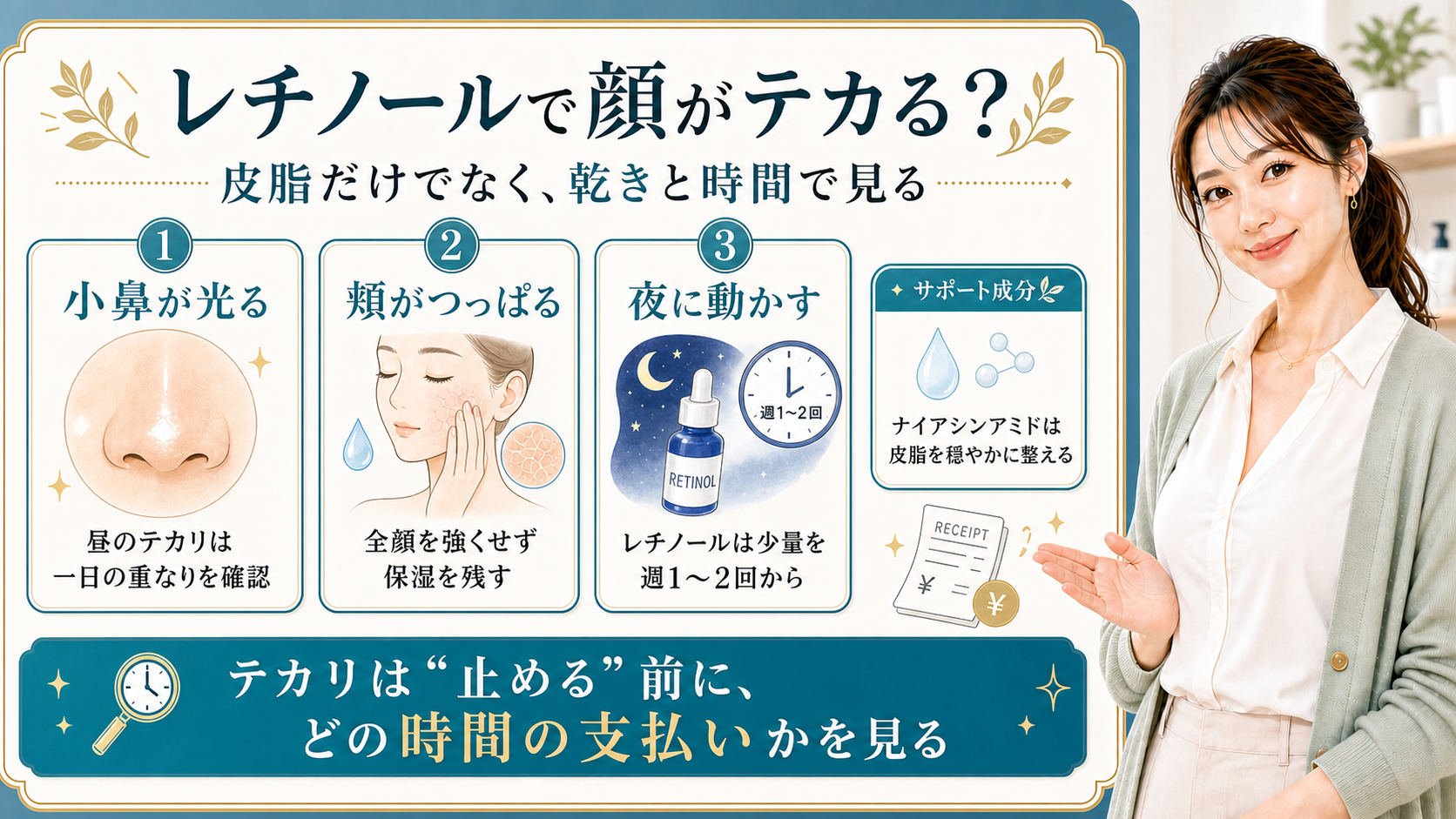 レチノールで顔がテカるときに皮脂・乾き・時間で見分ける解説ボード