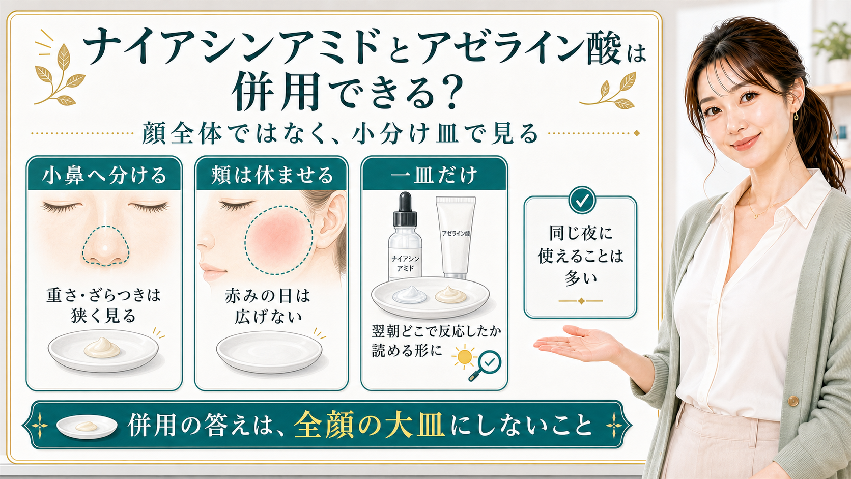 ナイアシンアミドとアゼライン酸の併用を小分け皿で見る解説ボード