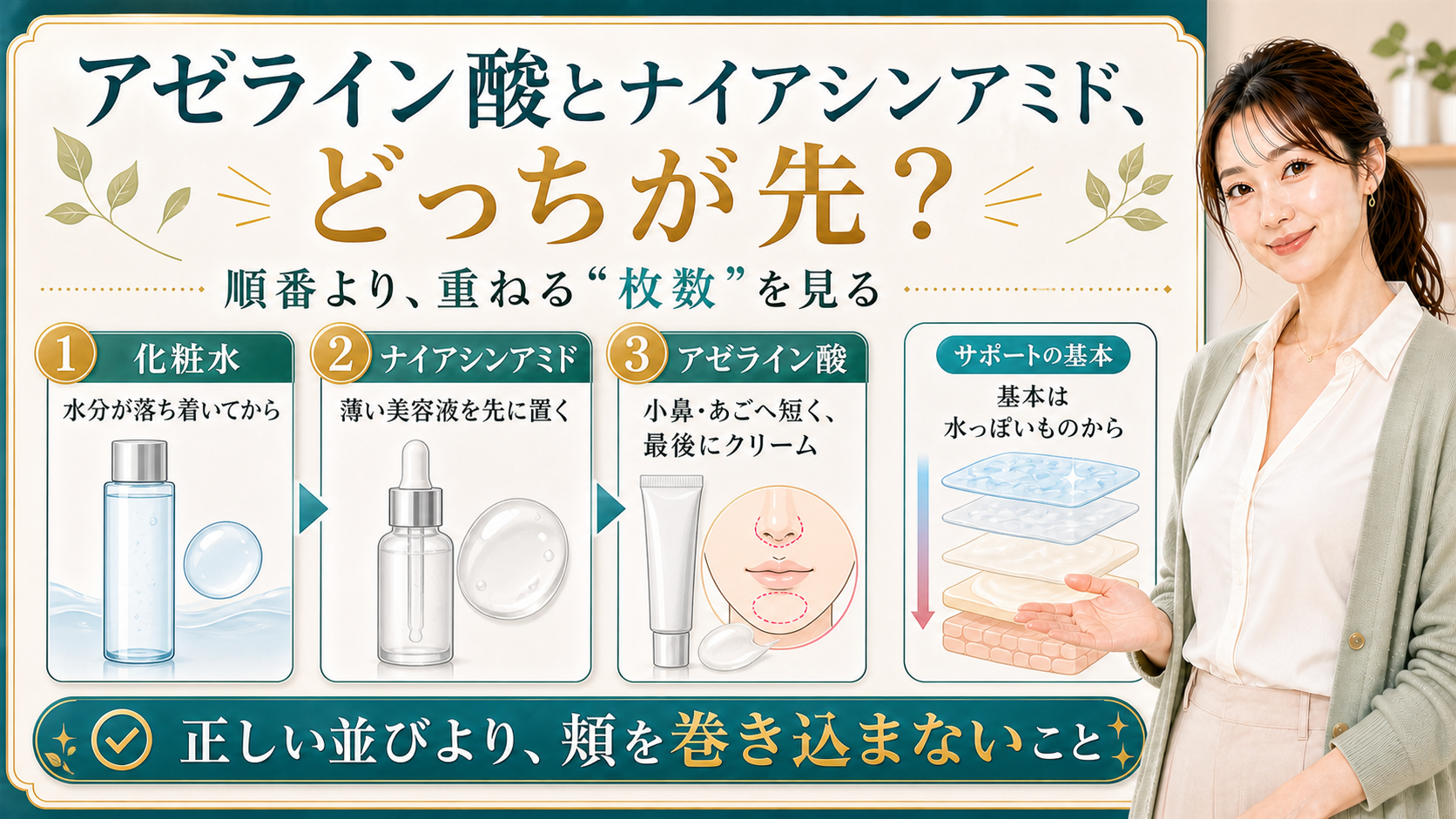 アゼライン酸とナイアシンアミドの順番を化粧水・美容液・クリームで整理した解説ボード