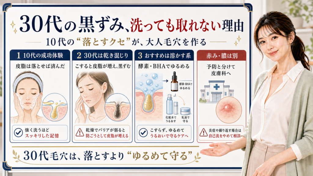 30代の黒ずみが洗っても取れない理由は10代の落とすクセが乾き混じりの大人肌に合わないことだと整理したアイキャッチ