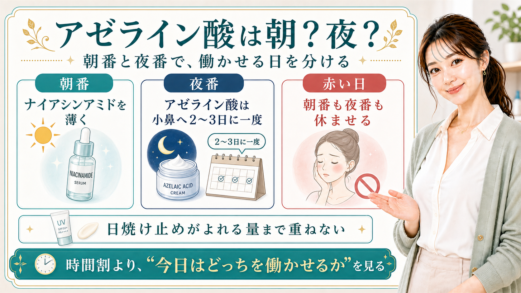 アゼライン酸は朝か夜かを朝番・夜番・赤い日で分ける解説ボード