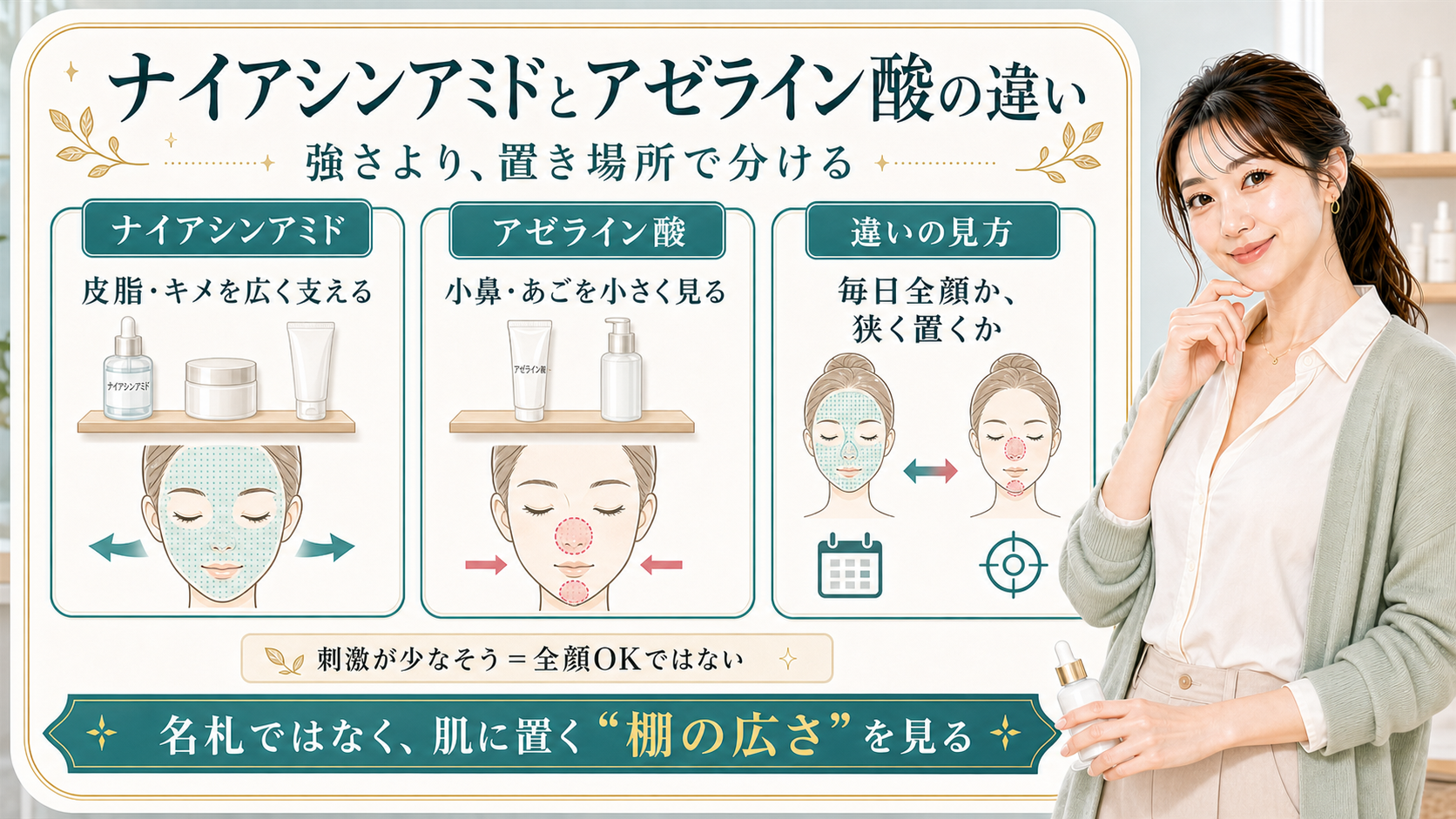 ナイアシンアミドとアゼライン酸の違いを置き場所と広さで整理した解説ボード