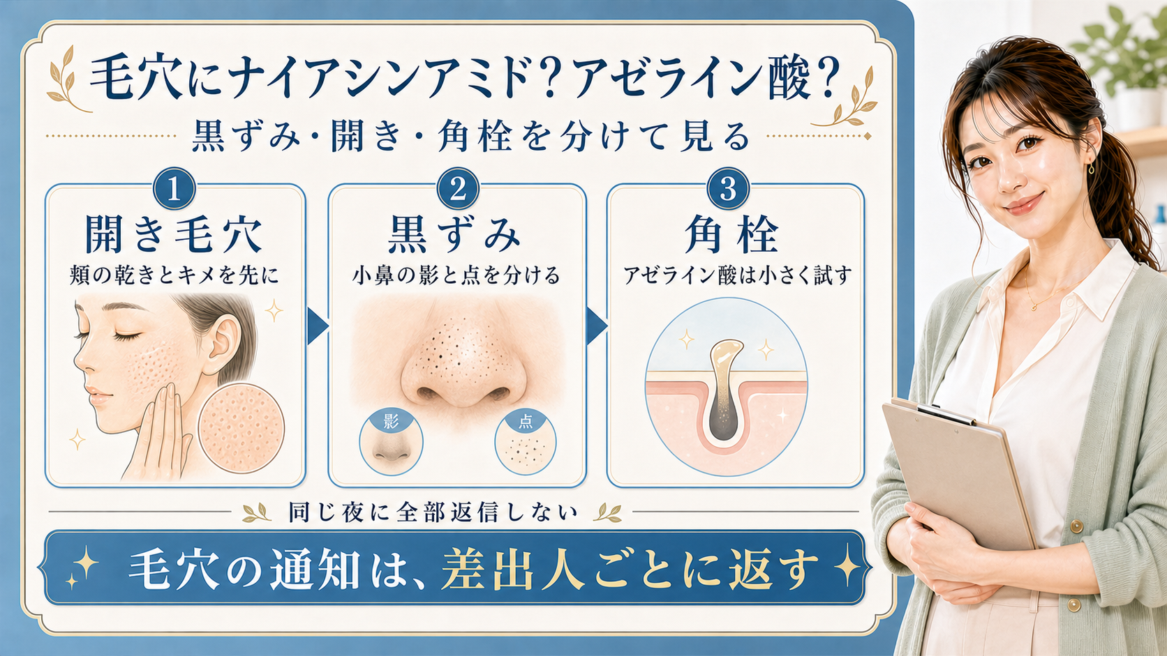 毛穴悩みを開き毛穴・黒ずみ・角栓に分けて見る解説ボード