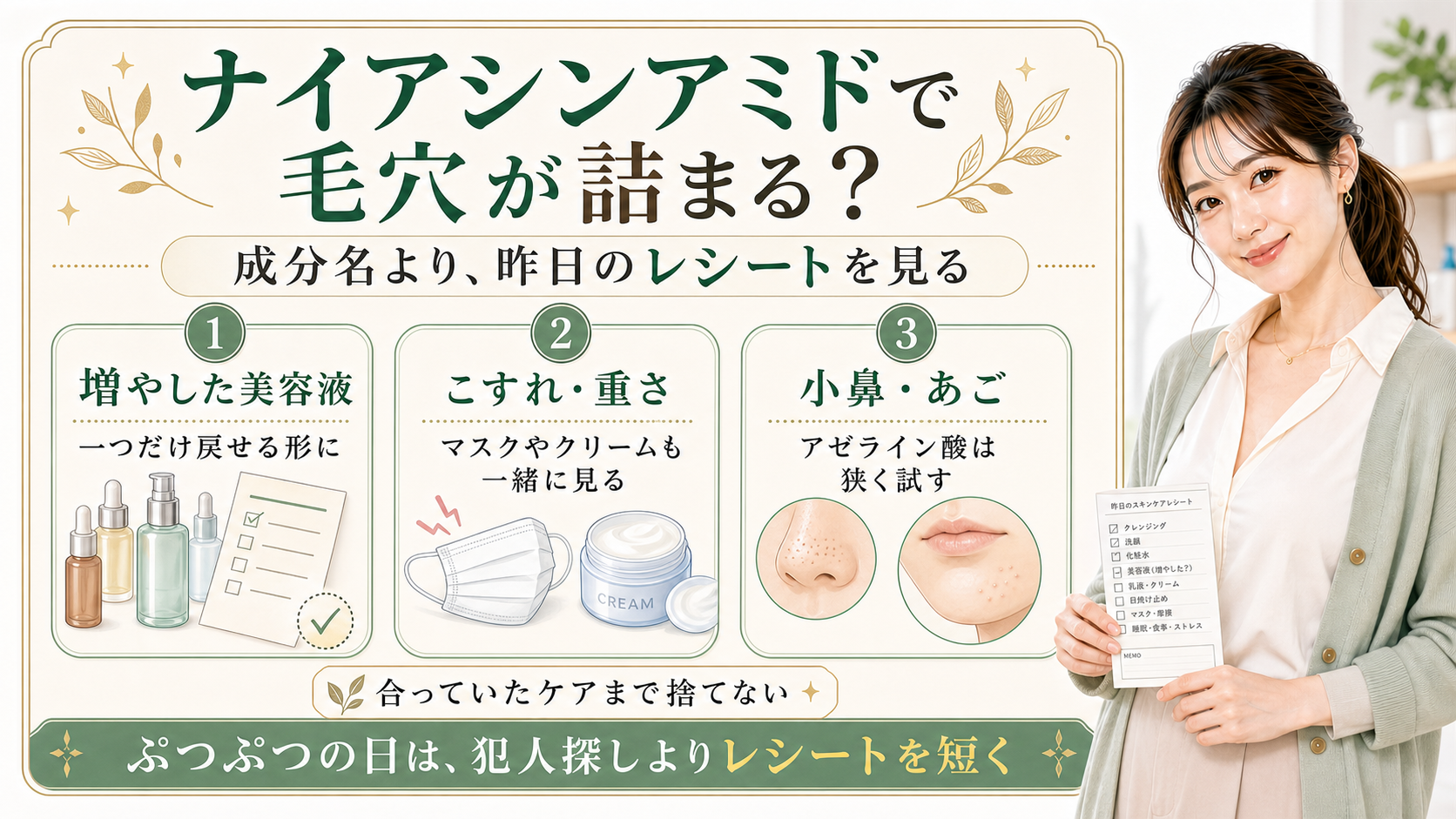 ナイアシンアミドで毛穴が詰まる不安を昨日のレシートで見る解説ボード