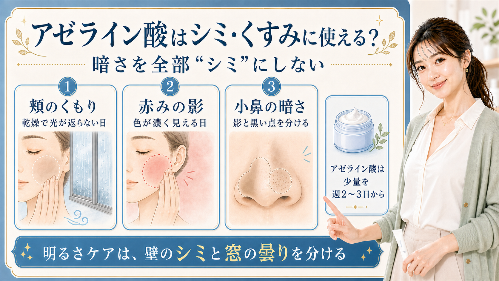 アゼライン酸のシミ・くすみケアを頬のくもり・赤み・小鼻の暗さで分ける解説ボード