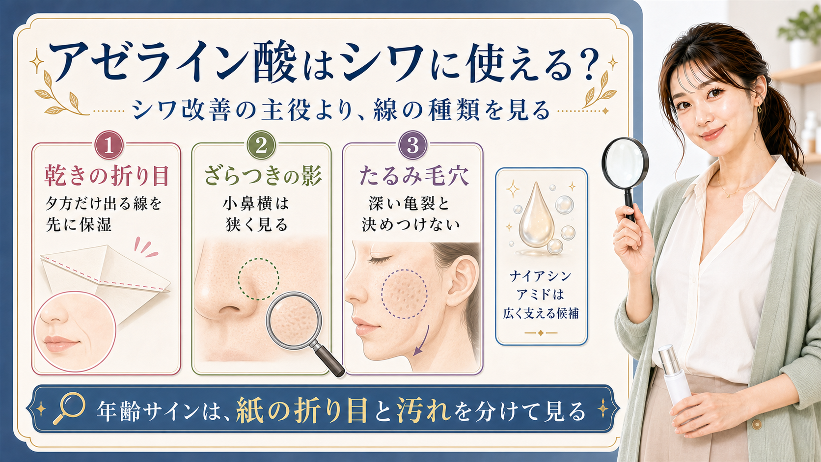 アゼライン酸はシワに使えるかを乾きの折り目・ざらつき・たるみ毛穴で分ける解説ボード