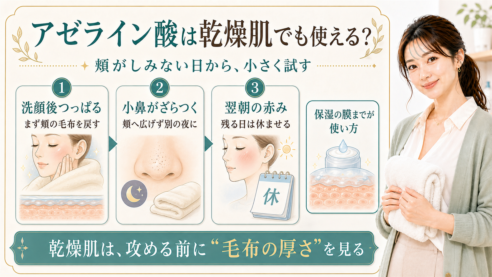 アゼライン酸を乾燥肌で使う時に頬の保湿と小鼻の使い分けを見る解説ボード