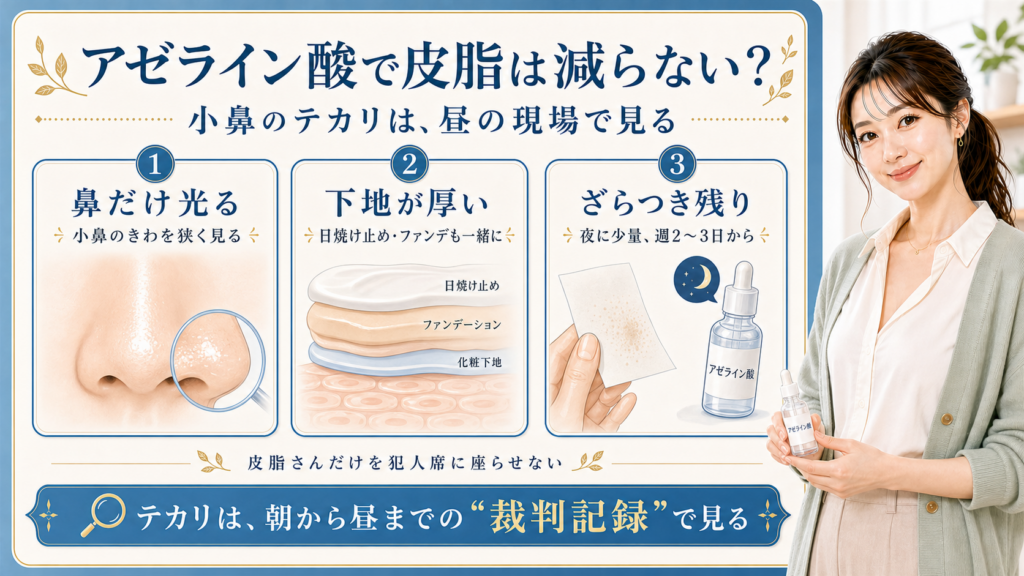 アゼライン酸と皮脂テカリを小鼻・下地・ざらつき残りで見る解説ボード