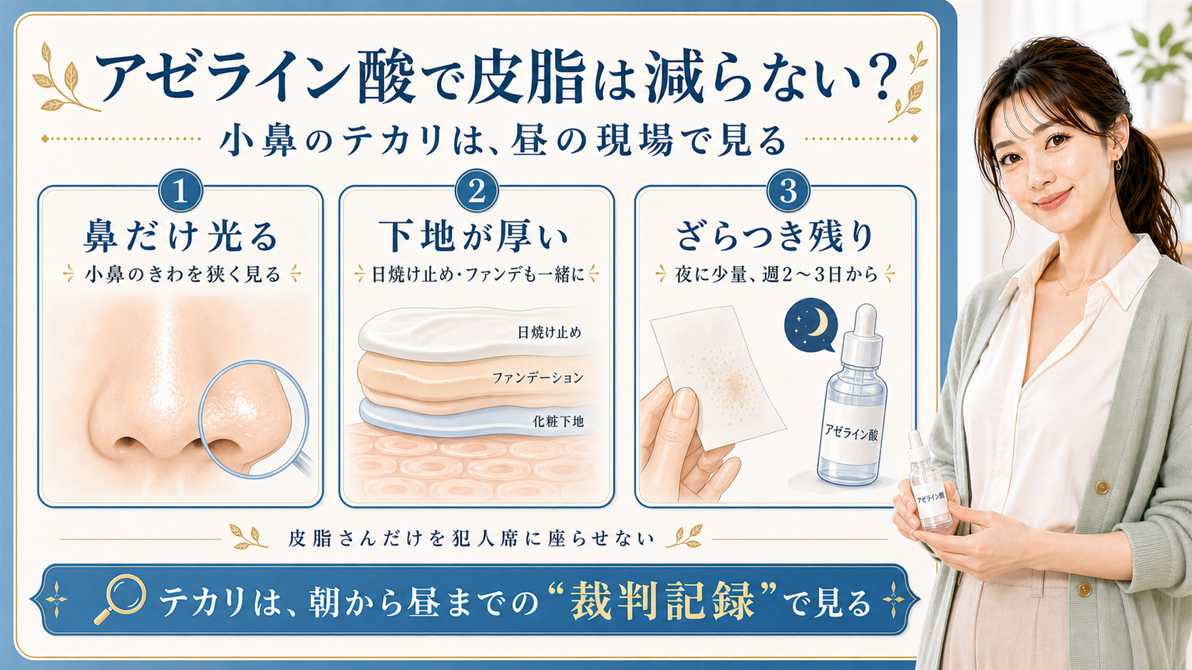 アゼライン酸と皮脂テカリを小鼻・下地・ざらつき残りで見る解説ボード