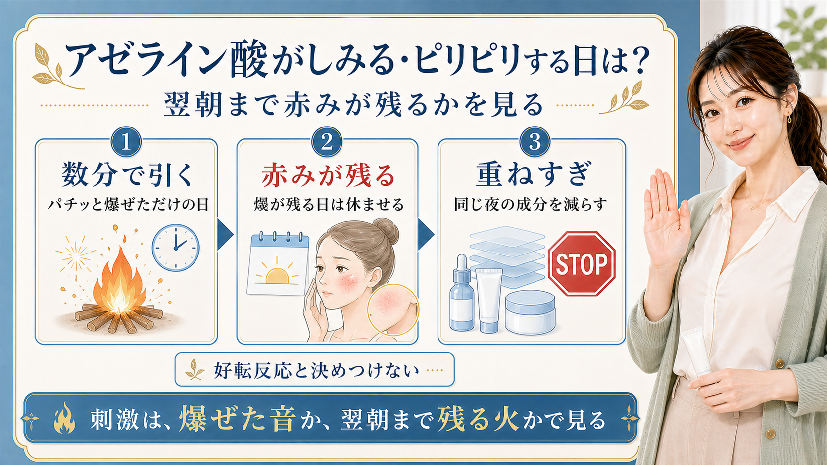 アゼライン酸がしみるピリピリする日に翌朝の赤みで判断する解説ボード