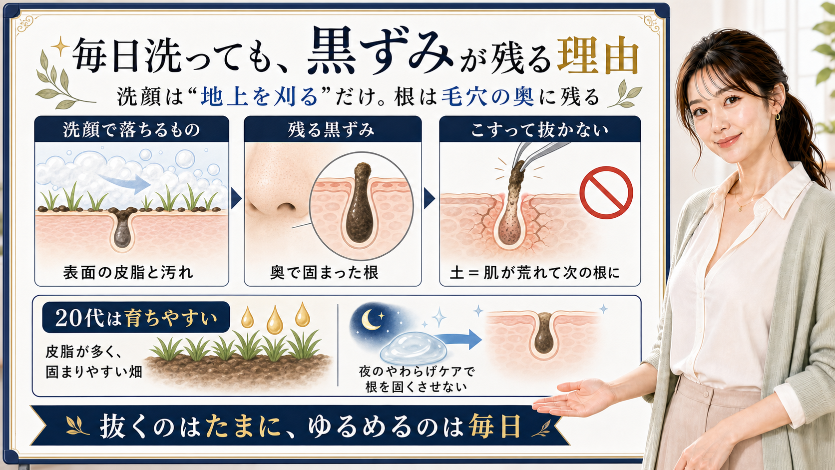 毎日洗っても黒ずみが残る理由は洗顔が表面を落とすだけで毛穴奥の根が残るからだと整理したアイキャッチ
