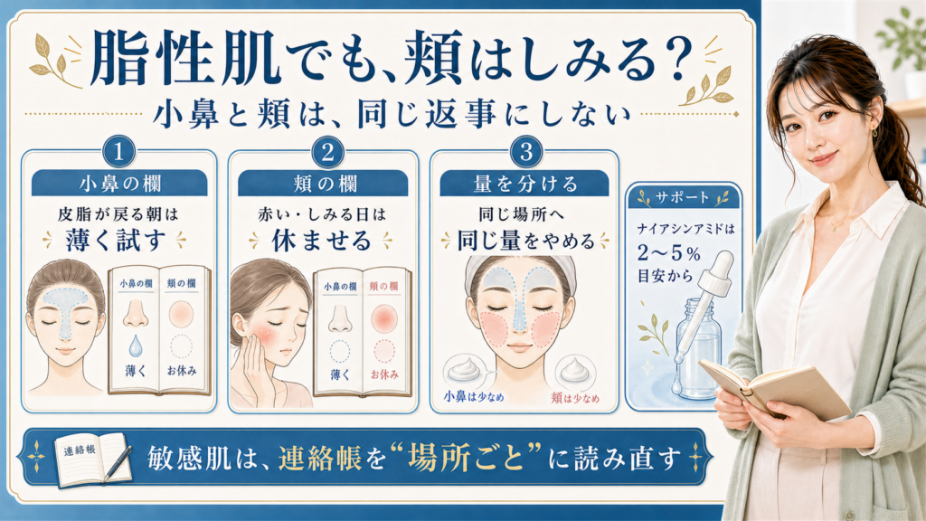 脂性肌と敏感肌を小鼻の欄・頬の欄・量の分け方で整理する解説ボード